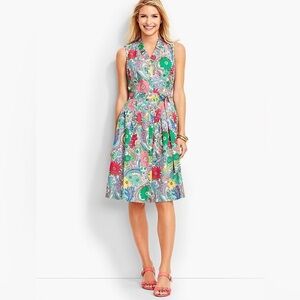 Talbots Colorful Retro Paisley Floral Sleeveless Shirt Dress with Ruffle Neck
